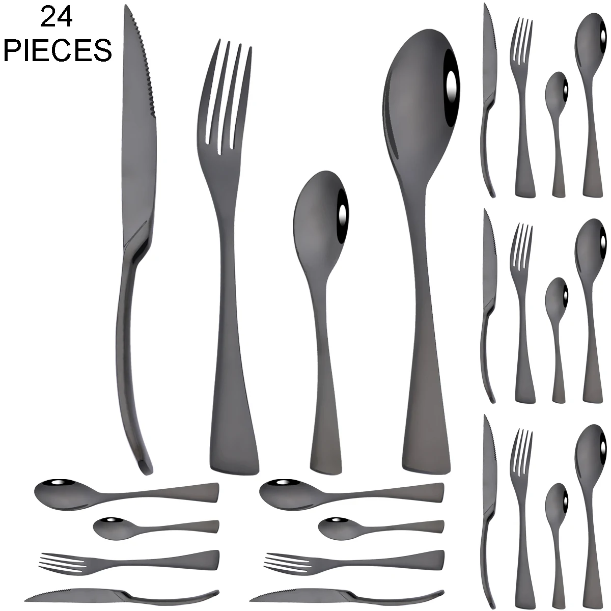 

24Pcs Black Dinnerware Set Stainless Steel Tableware Steak Knife Fork Coffee Spoon Cutlery Set Western Party Kitchen Flatware