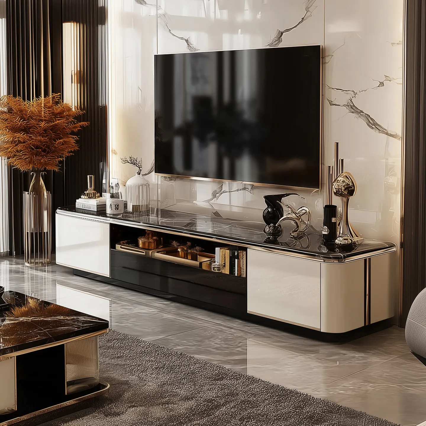 Modern Italian light luxury TV cabinet 2.4 meters long living room microcrystalline stone solid wood multi-layer floor locker ho