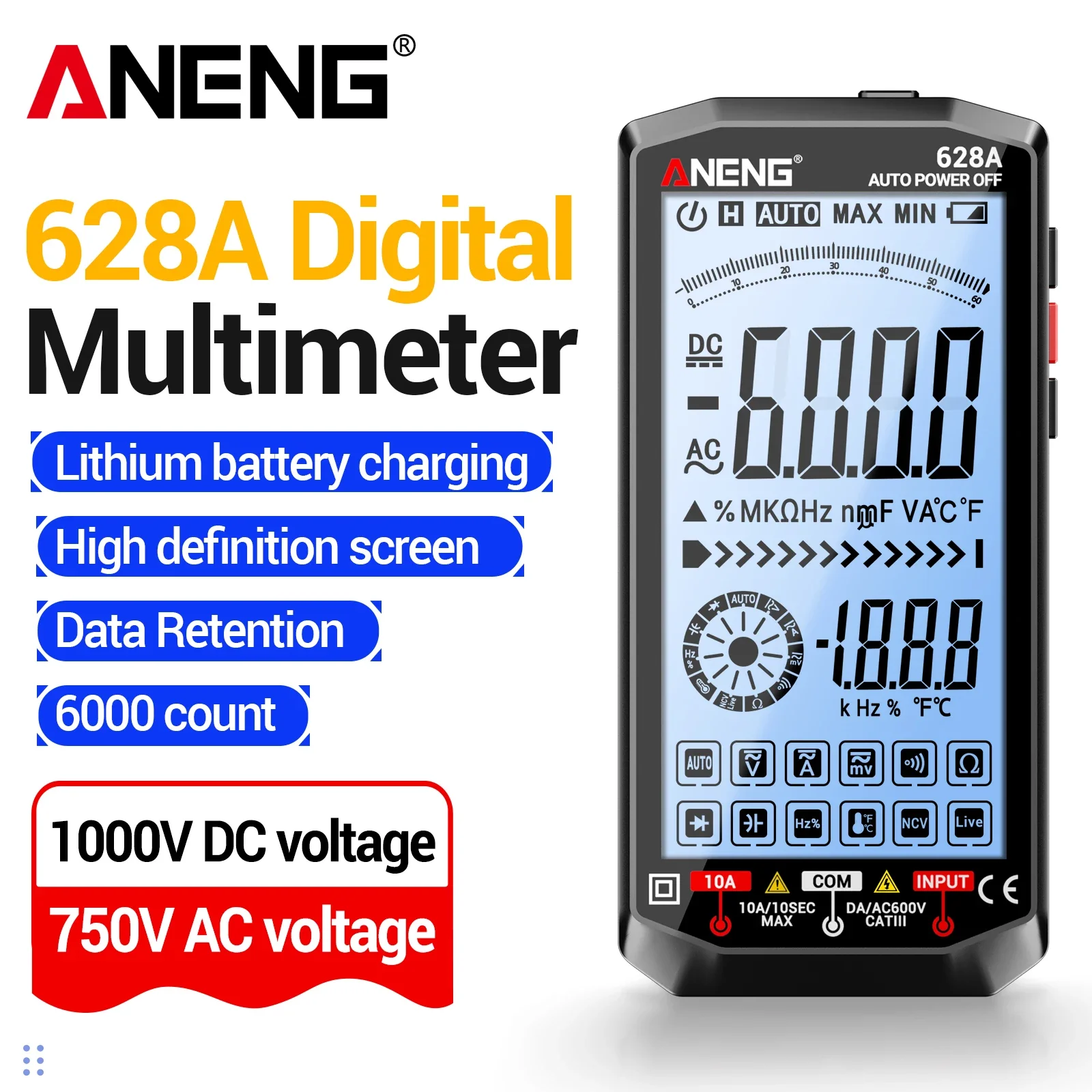 ANENG 628A Digital Multimeter 6000 Counts True RMS Auto-Ranging 1000V AC/DC 10A NCV VA Screen Rechargeable Portable  Home DIY