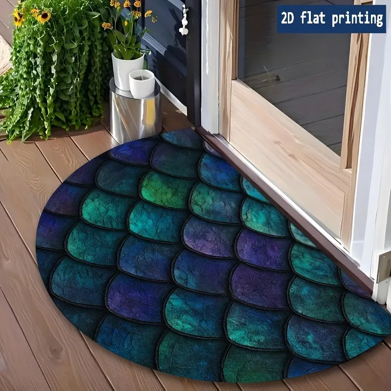 Shimmering Semi-Circular Welcome Doormat Turquoise Blue & Golden Scales Non-Slip Indoor/Outdoor Entrance Mat Soft Mat-like