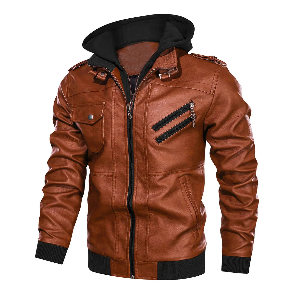 

Men's Casual Stand Collar Pu Faux Leather Zip-up Motorcycle Bomber With A Removable Hood