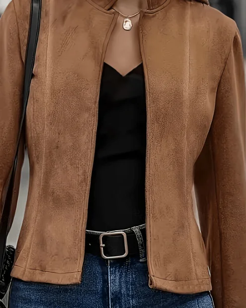 Frühling und Herbst Neuer Stil Pendler-Style Einfarbige Kurze Stehkragen-Jacke Strickjacke Ohne Taschen – Detail 3