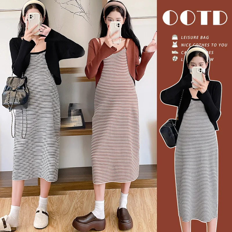 

French Retro Maternity Set Autumn Striped Suspender Dress with Knit Cardigan Sophisticated Two Piece Outfit for Pregnant Women
