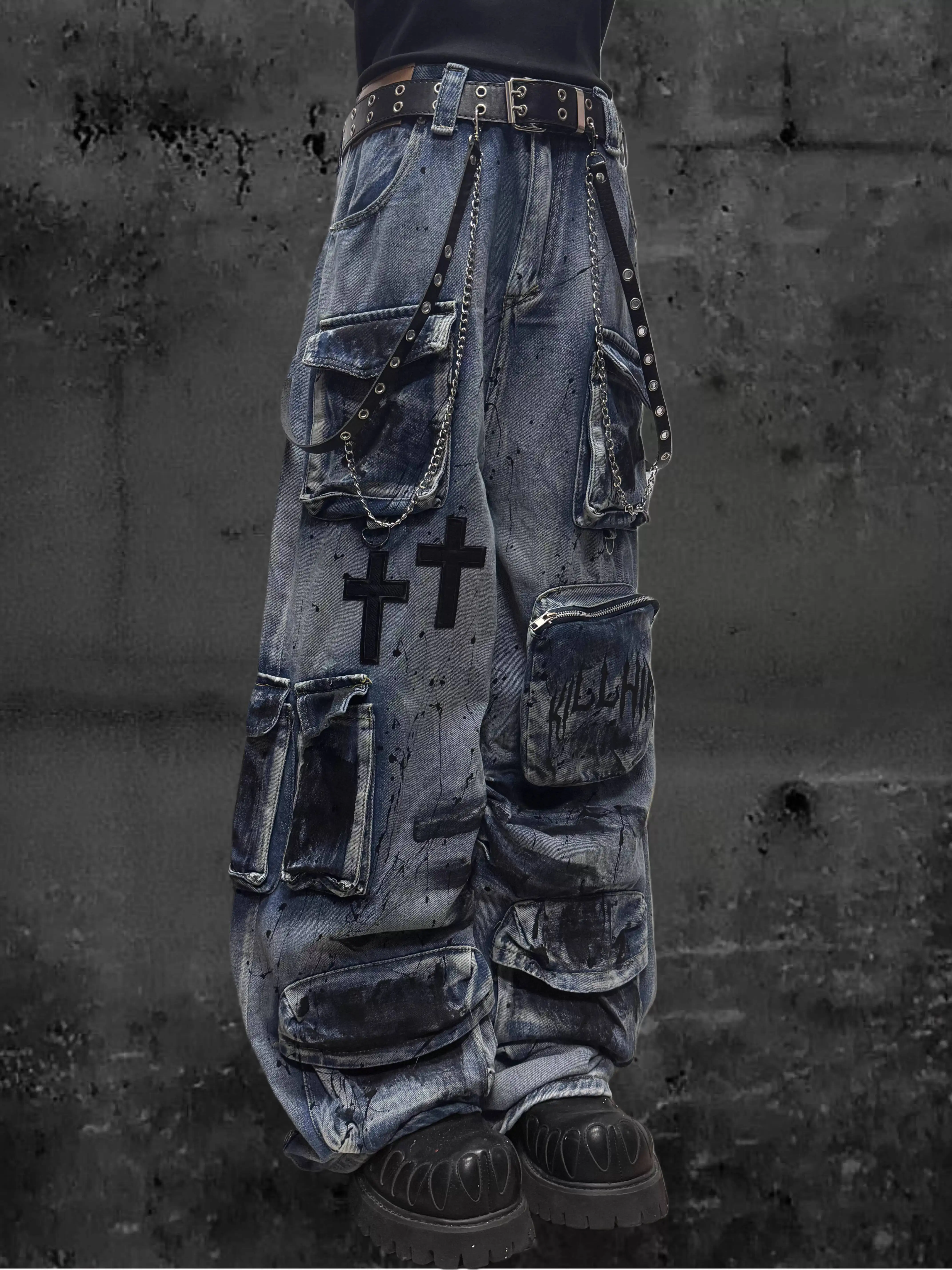 Unisex Jeans 2026 Spring Wasteland Style Jeans Multi Pocket Y2K Graffiti Splash Ink Loose Wide Leg Denim Cargo Pants