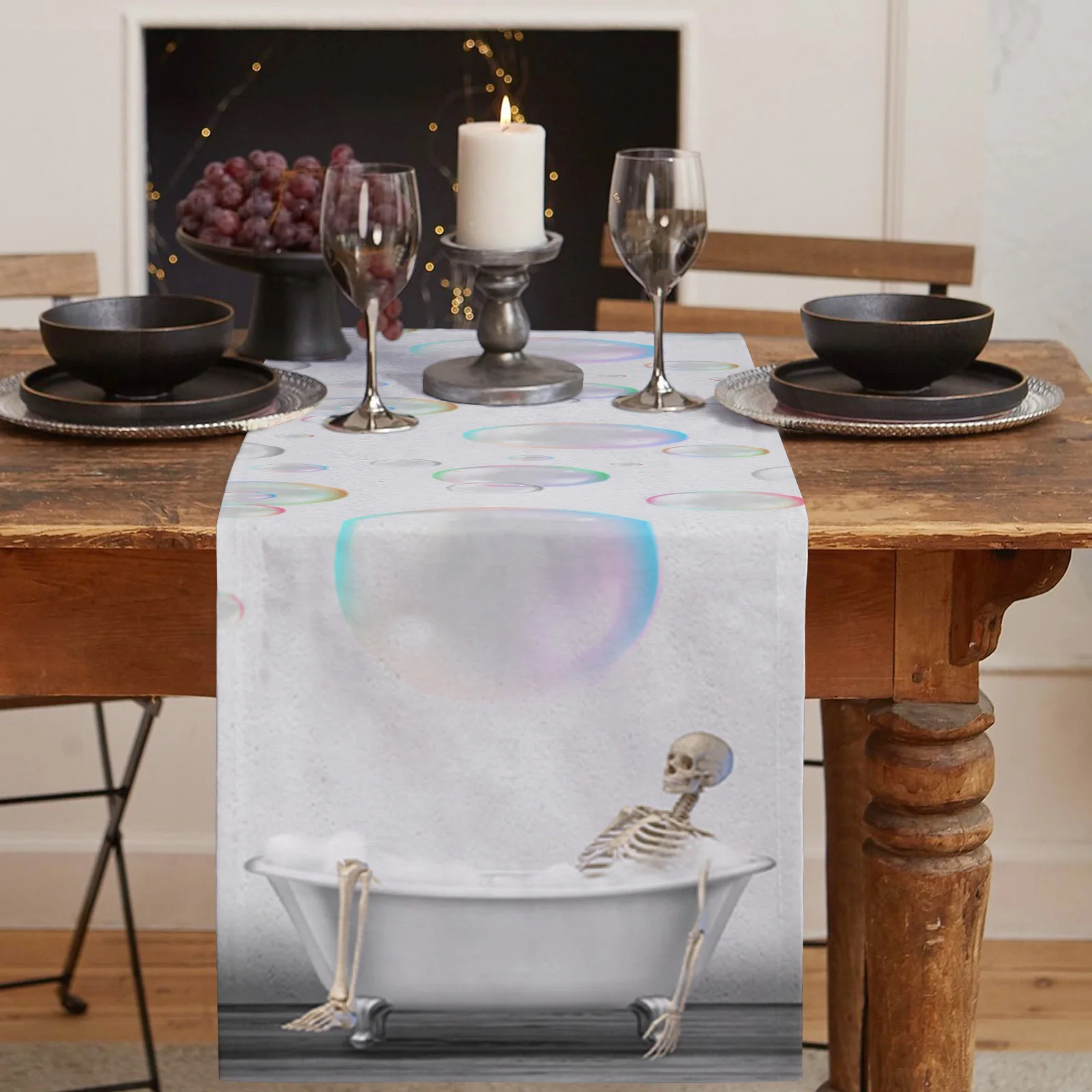 Funny Bathtub Skull Bubble Modern Table Runners Holiday Party Wedding Decoration Tablecloth Living Room Dining Table Accessories