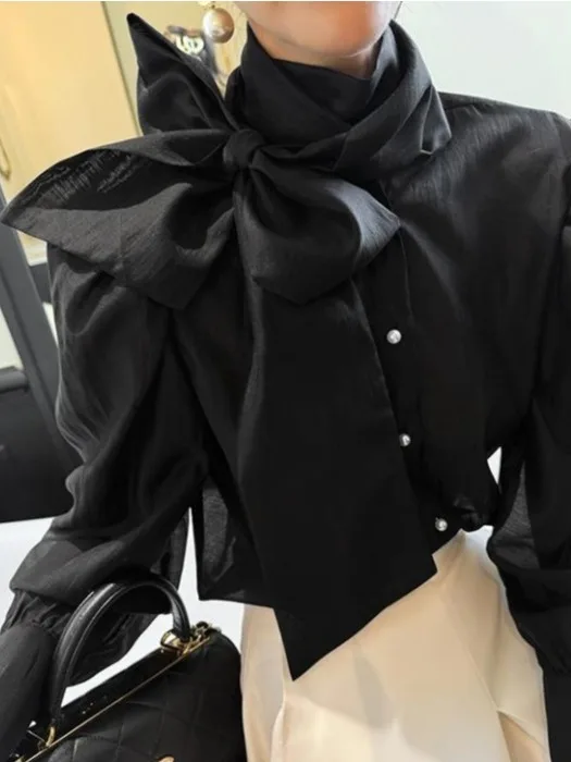 

Elegant High Collar Bubble Sleeve Shirt Women's Korean Style Fashion Slimming Belted Pearl Button Shirt Cotton Long Sleeve