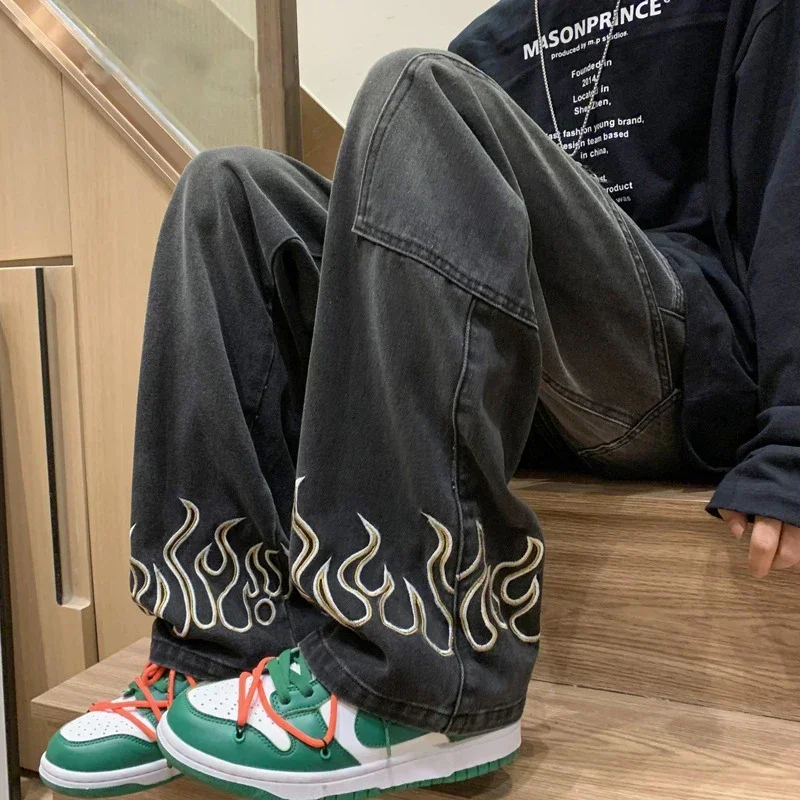 

TPJB New Embroidery Men's Jeans Neutral Wide Fashion Denim Trousers Baggy Straight Denim Youth Casual Hip Hop Pants