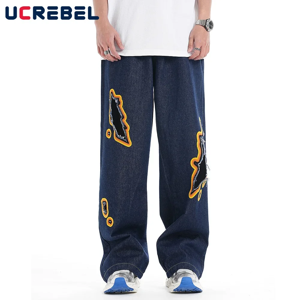 Flame Embroidery Hole Jeans Mens High Street Summer Loose Straight Wide Leg Denim Pants Trousers Men