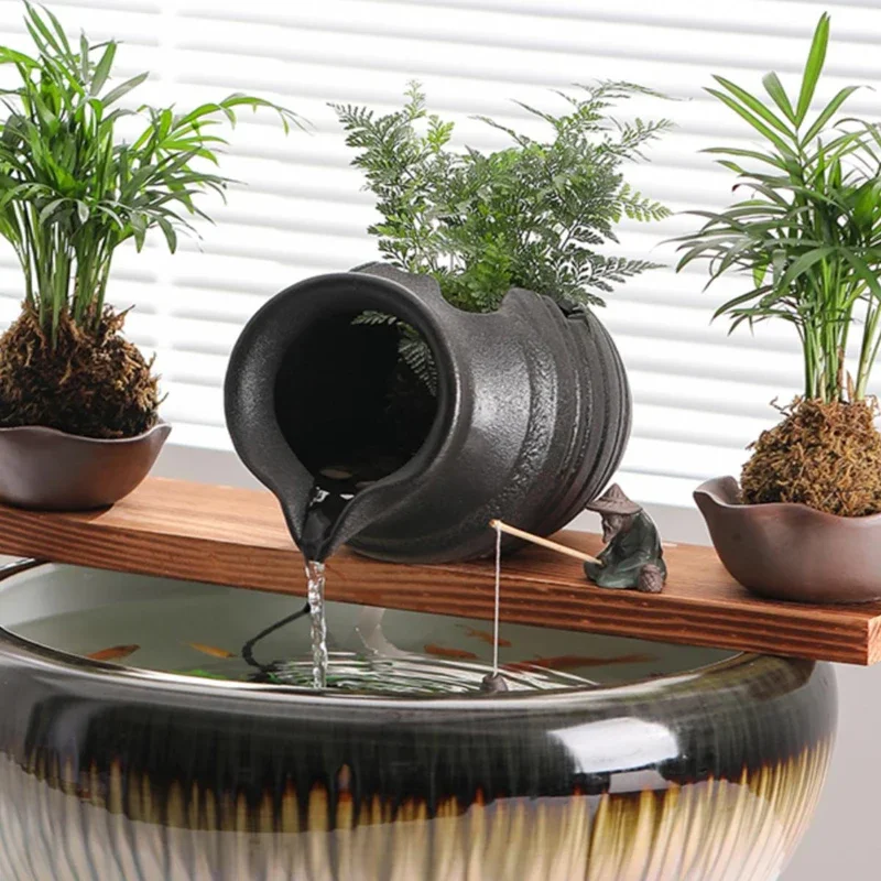 Ceramic Circulating Water Pot Open Ecological Circulation Filter Fish Culture Waterfall Jar Courtyard Garden Fish Tank Decor