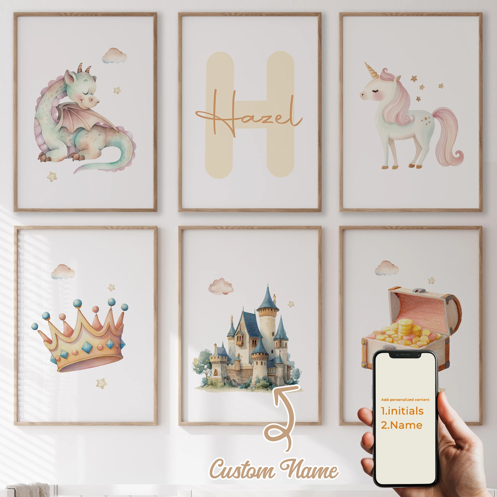 

6pcs Personalized Custom Name Cartoon Castle Wall Art Print Picture Canvas Poster Painting For Living Room Home Decor