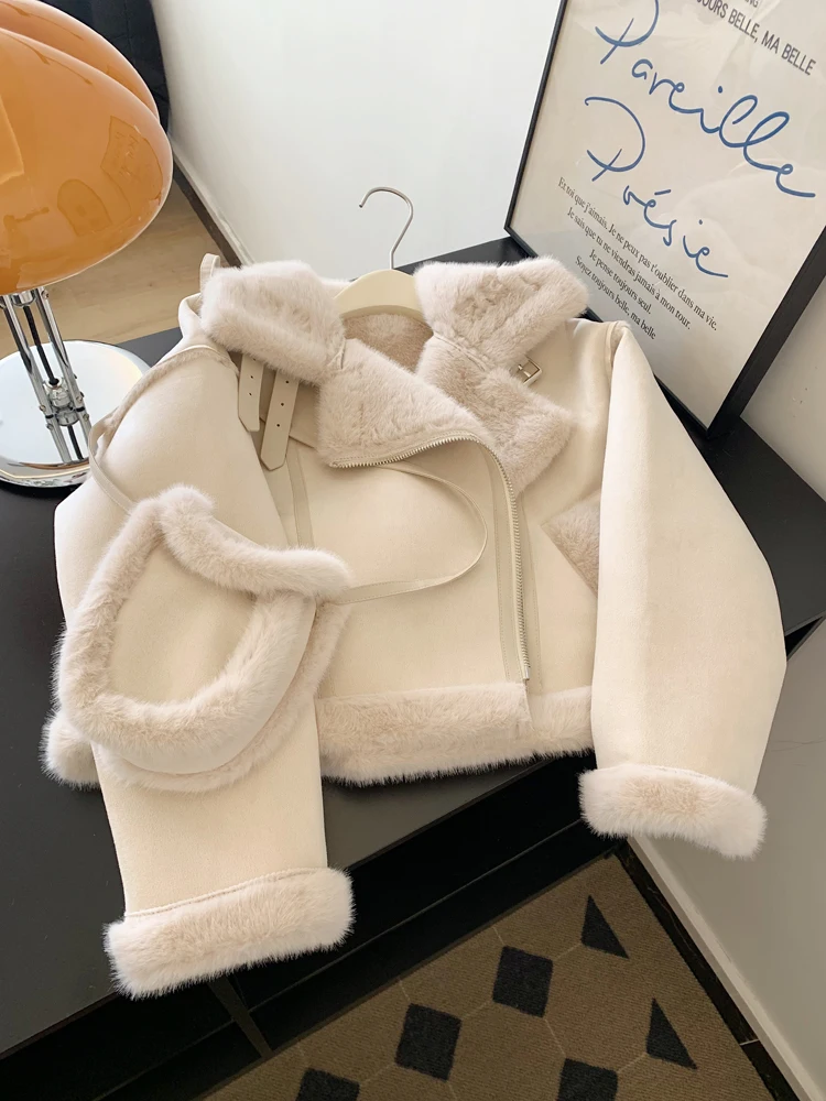 

Ladies Faux Lamb Fur Suede Jaet Thiened Plu Inner ort Sle Warm Top Button Design Collar Patchwork Winter Coat