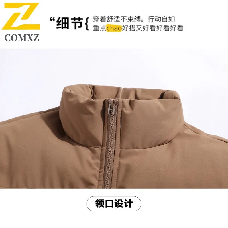 COMXZ 2025 Mens Winter Fleece Lined Thick Stand Collar Cotton Jacket Solid Color Unisex Warm Coat Teen lightweight windbreaker