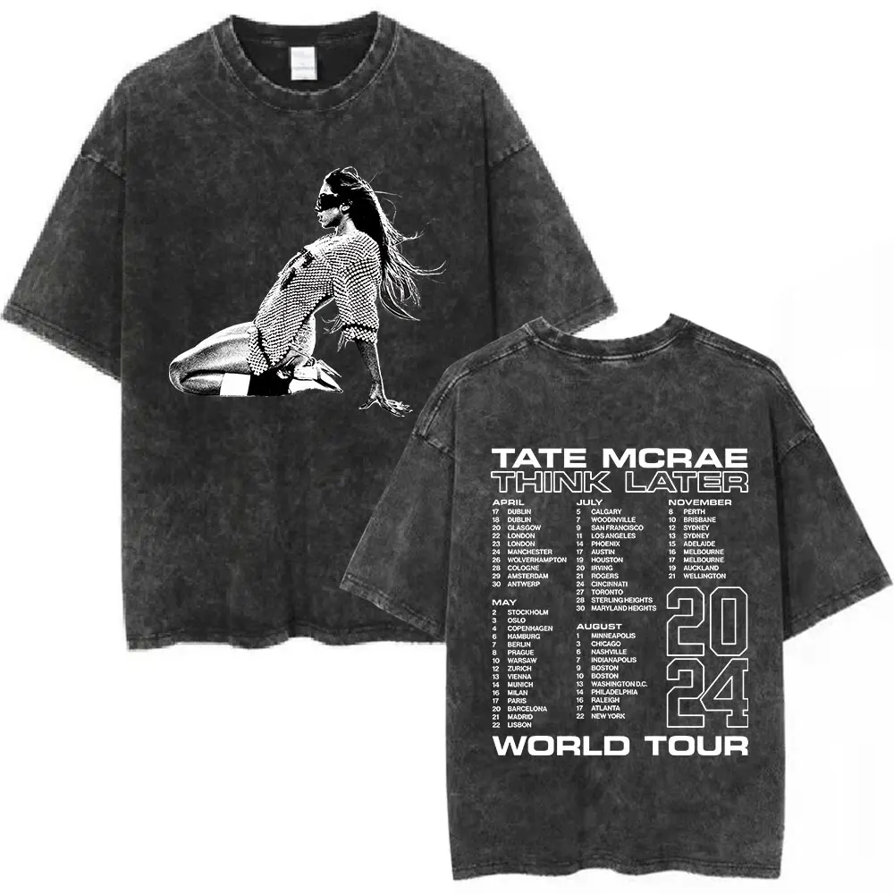 Tate Mcrae The Think Later World Tour 2024 Vintage Washed T Shirts Men Women Fashion 100% Cotton Short Sleeve Oversized T-shirts