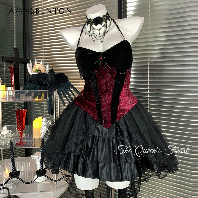 

Original Dark Gothic Style Tail Women's Skirt Punk Design Black Sexy Velvet Retro Short Skirts Subculture Outfit Sets Ladies