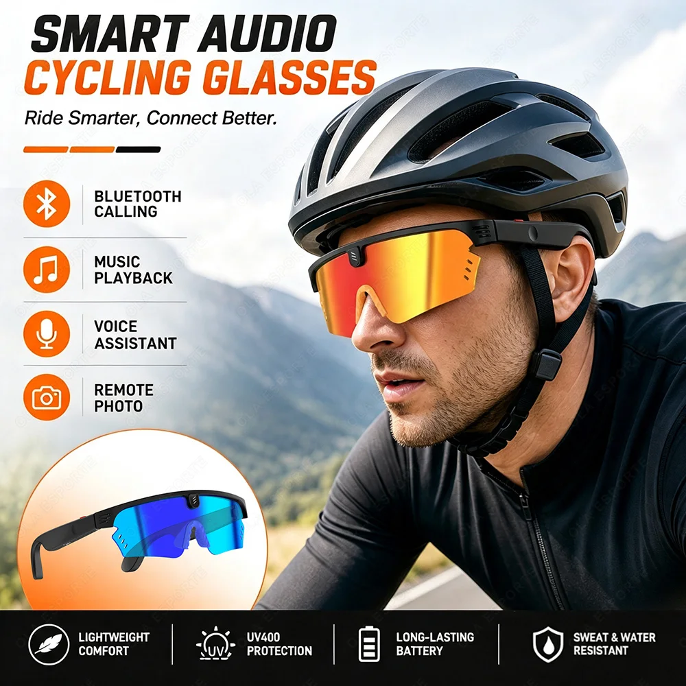 AI Outdoor Cycling Smart Glasses Wireless Calling Music Playback Voice Assistant Multifunctional Windproof Sunglasses HT30