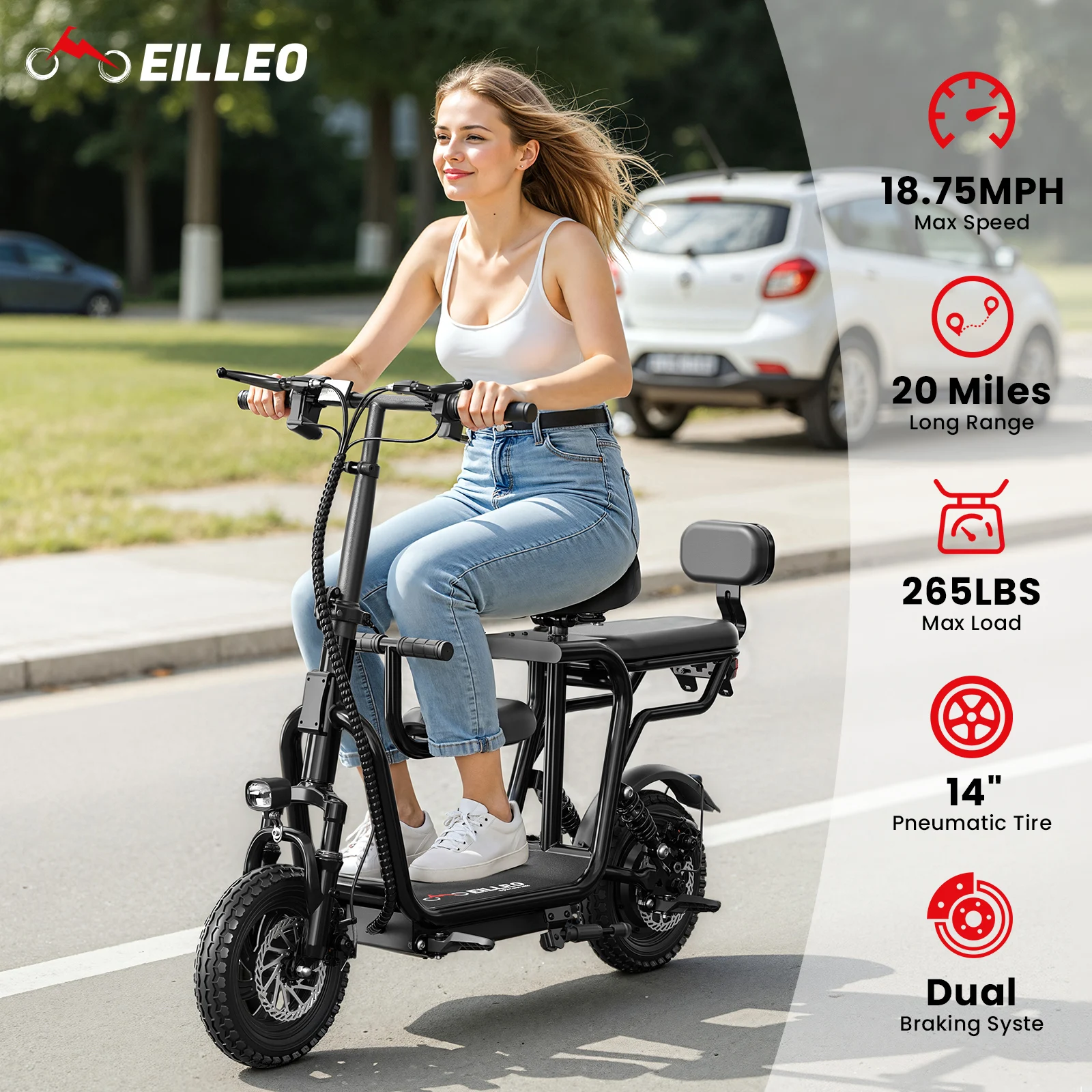 EILLEO Spacewalk 48V Electric Scooter with Seat for Adults, 750W Peak Motor, 18.75MPH Top Speed & 20 Mile Long Range, 14