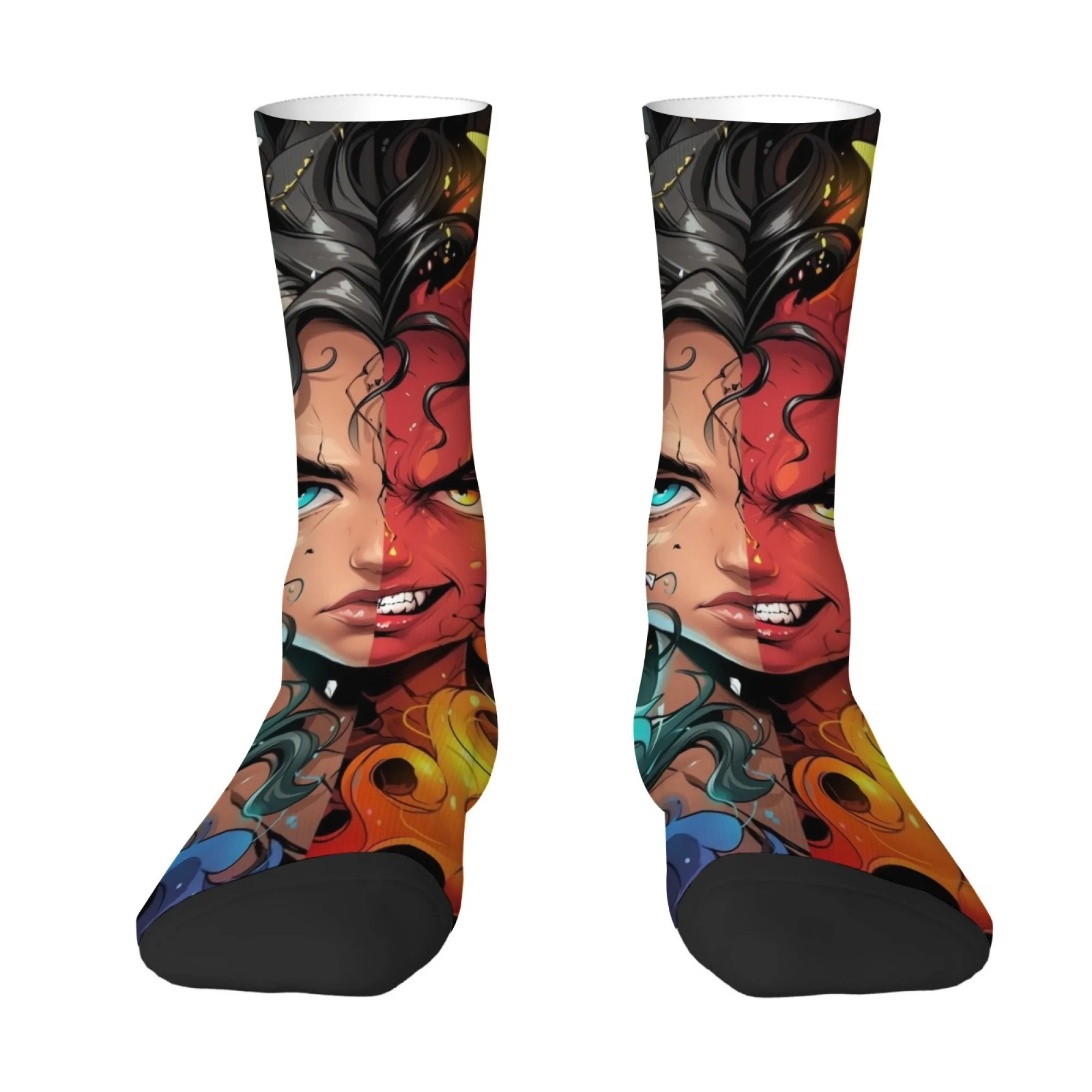 Ice and Fire Anime Devil Men's Socks Novelty Funny Hip-Hop Happy Socks Harajuku Style Comfortable Non-Slip Casual Fashion Socks