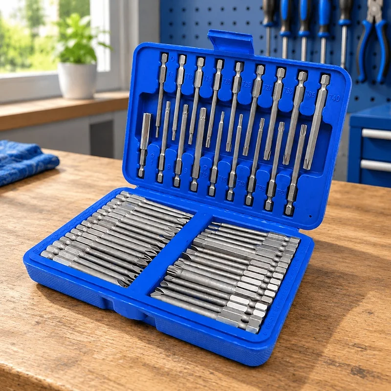 Comprehensive 50-Piece Screwdriver Set Featuring 75mm Safety Tips, Hex and Torx Bits, Organized for Easy Use