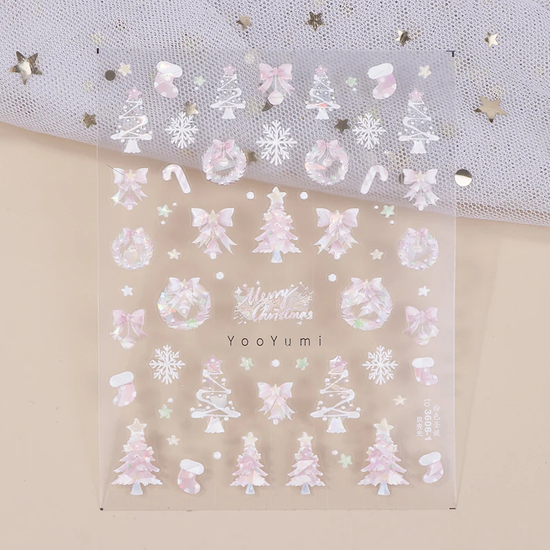 Christmas Nail Stickers Shiny Seashells Light Nail Art Parts Stickers Cute Snowflakes Star Wreath Nail Decorations Decals