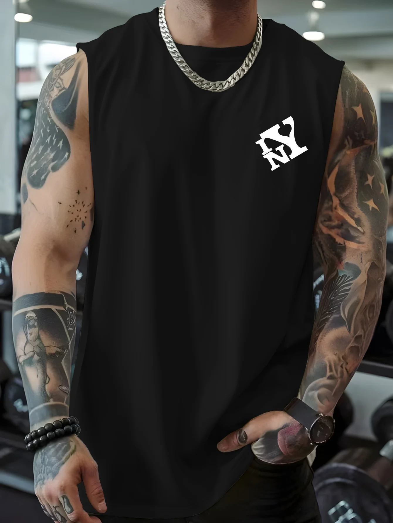 

New York men's sports vest, with a printed design on the left chest. A summer casual and comfortable sleeveless vest.