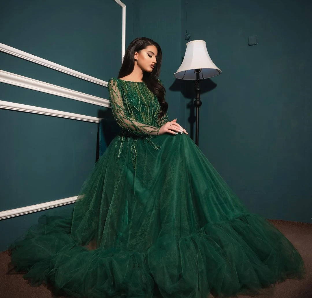 Luxury Women Green Prom Dresses Long Sleeves Muslim Style Tulle Ball Gown Puffy Evening Gowns For Formal Event