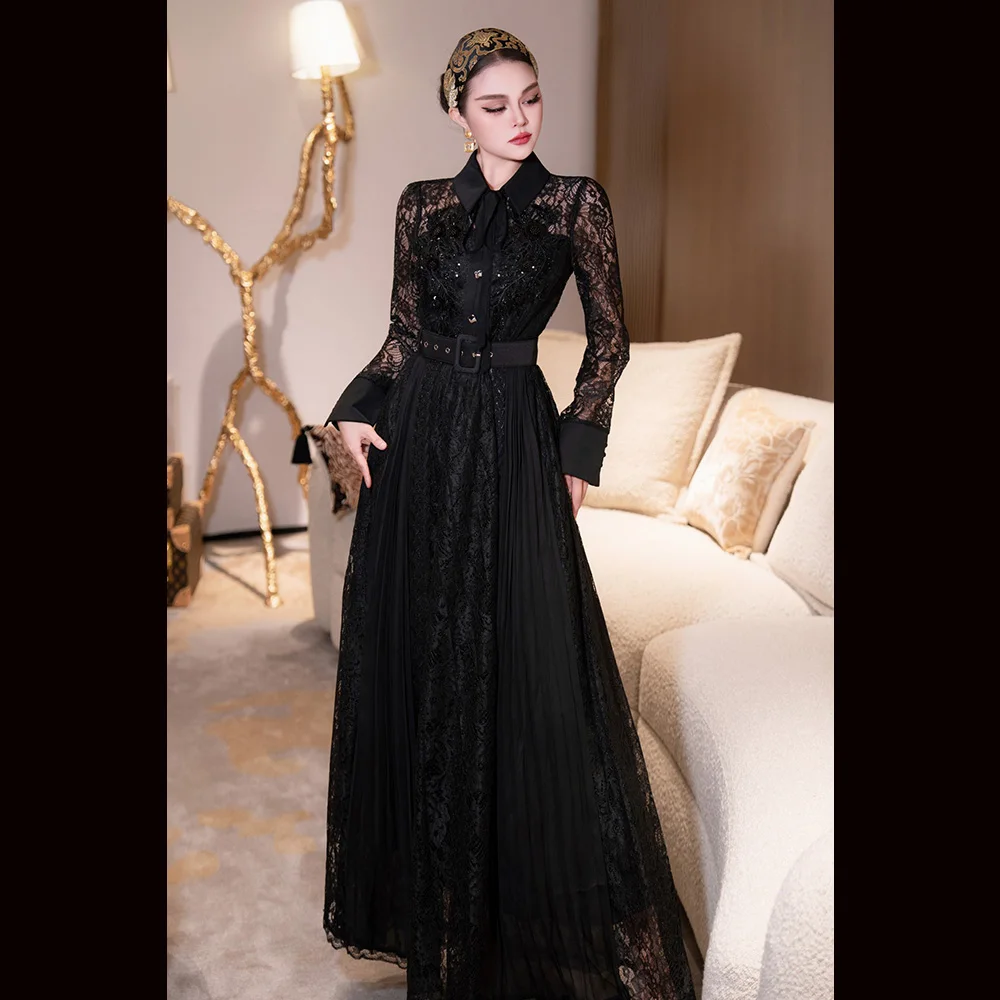 

Meyyithun Women's Dress Spring & Fall New Black Long Sleeve Lace Long Dress Lady Dress