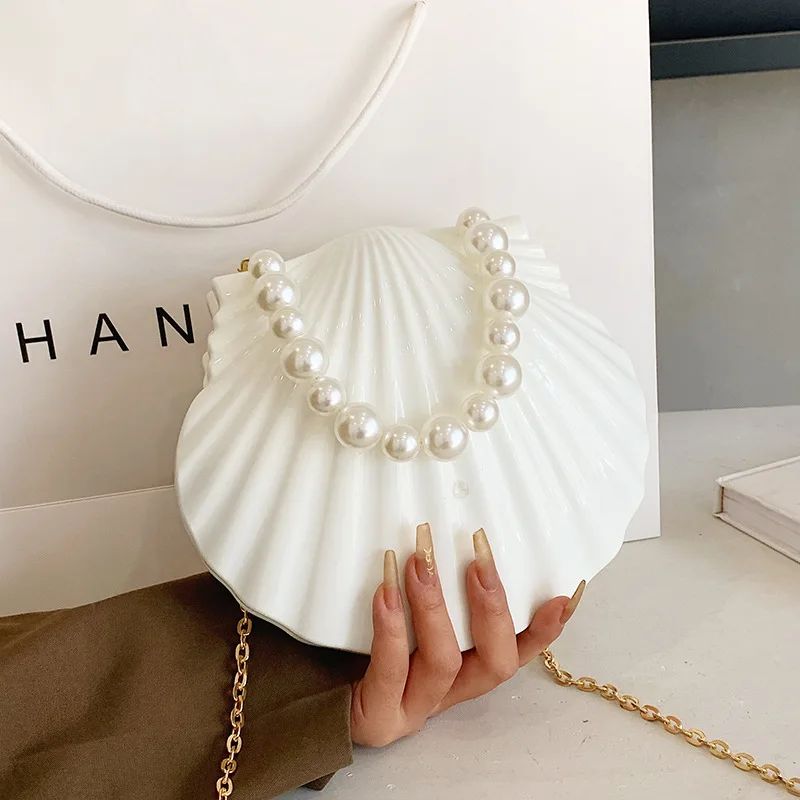 Trendy New Ladies Handbags Fine Acrylic Seashell Shoulder Bags With Pearl Chain Wedding Party Evening Bags Clutches Women Purses