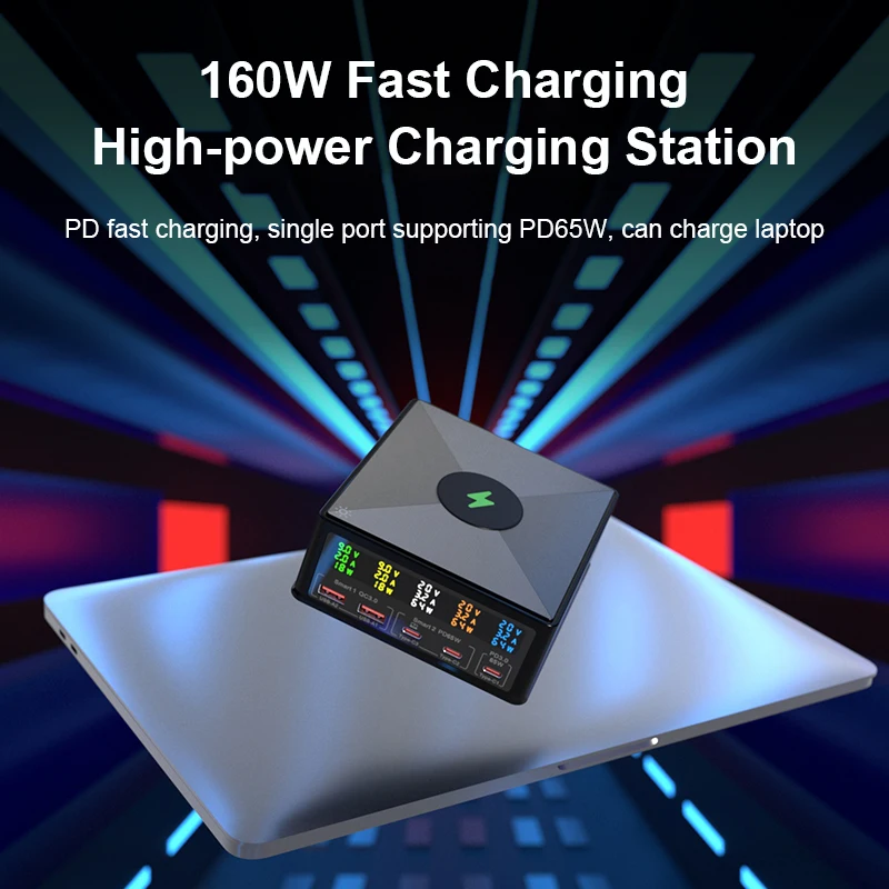 160W 5 Port Charging Station with 15W Wireless Charger Separate Display USB-C PD65W QC3.0 Fast Charger For iPhone Laptop Macbook