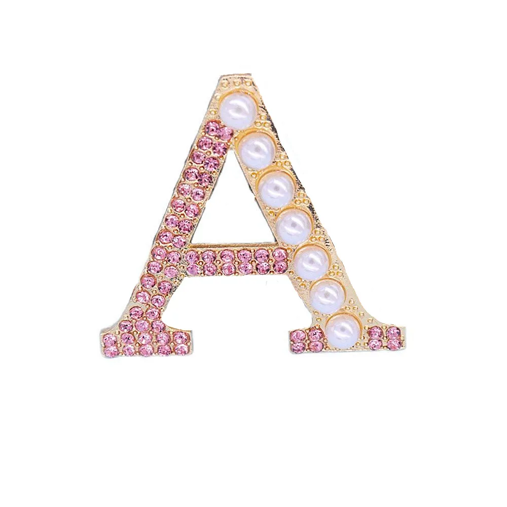 Newest Design Quality Metal Sparking Diamond Pink Green Crystal Pearl Sorority Capital Letters Alpha Pin Social Sign Brooch