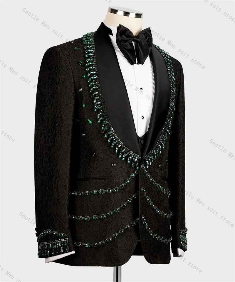 Luxury Crystals Men Suit Set 2 Pcs Black Blazer+Pants Trousers Groom Wedding Tuxedo Formal Office Jacket Cotton Coat Customized