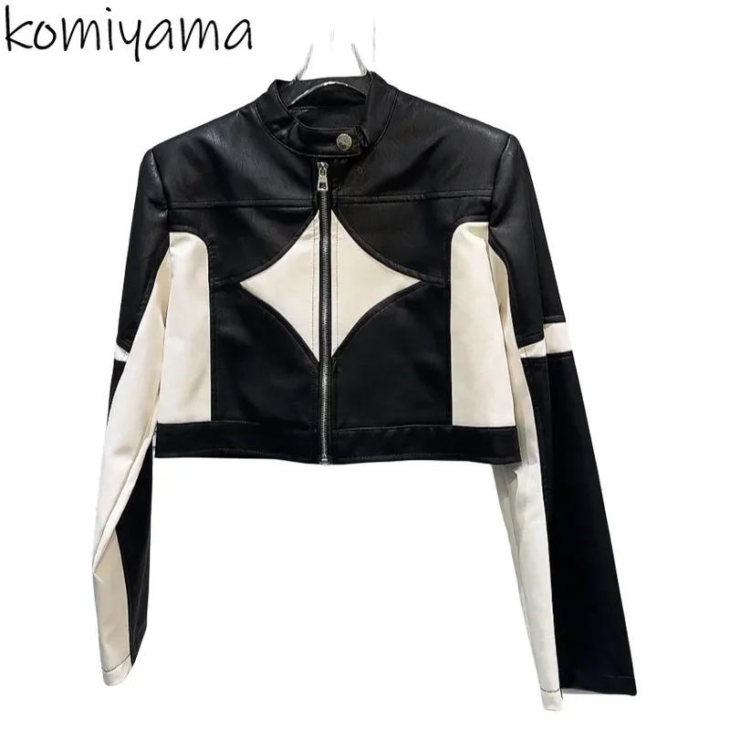 Stand Collar Chaquetas Mujer Motorcycle Outerwears Women 2025 Autumn New Jacket Long Sleeve Zipper Ropa Contrast Color Casaco