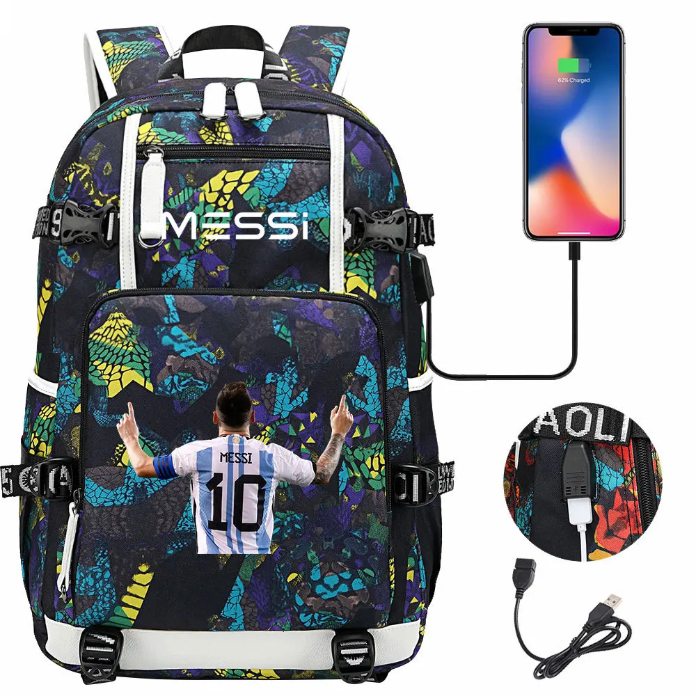 Football Stars Messi Backpacks Camouflage USB Teens School Bags Waterproof Boys Girls Casual Travel Laptop knapsacks