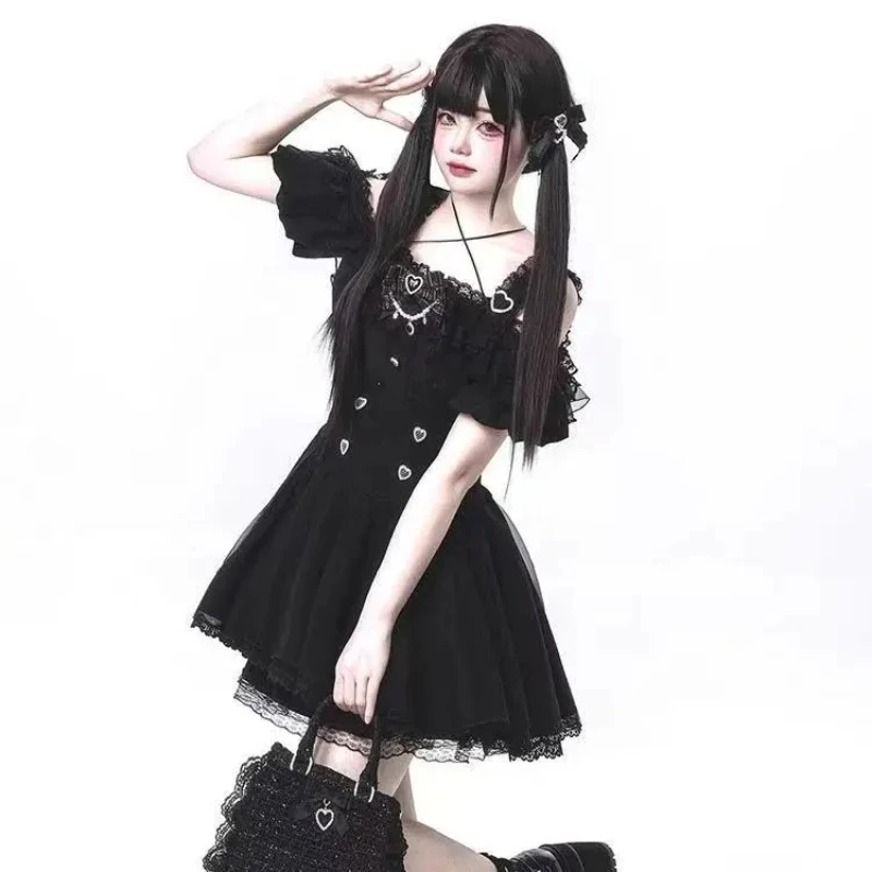 Y2K Gothic Lolita Dress Set for Women, Japanese Harajuku Bow & Lace Mini Dress for Party, Cosplay, Elegant Cute Fashion