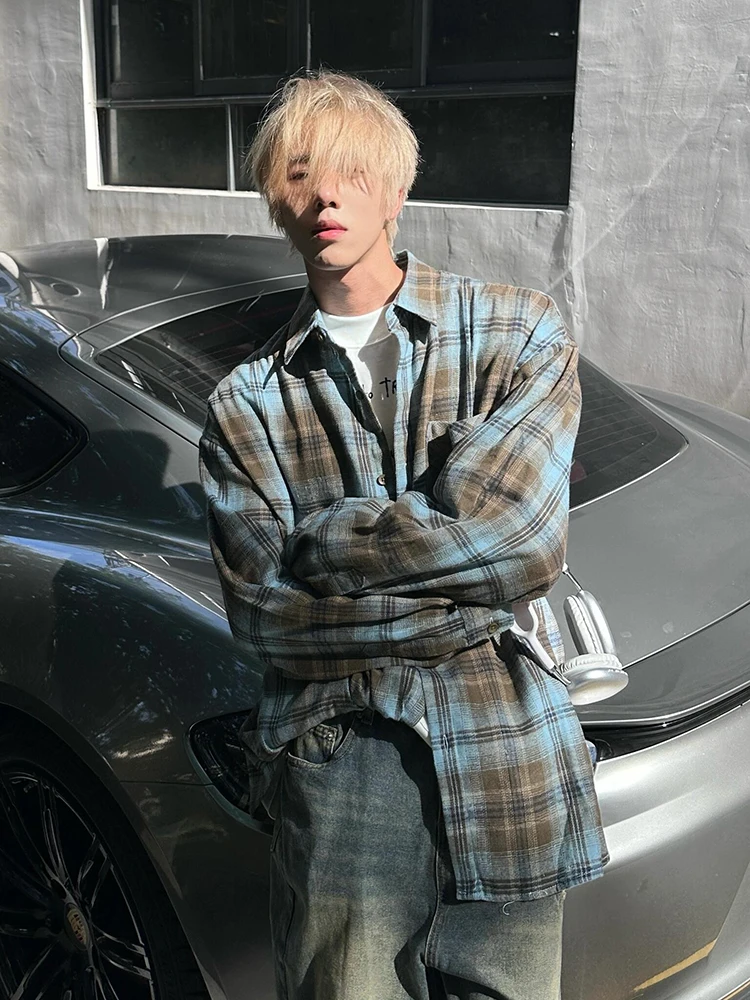 

Blue Plaid Tie-Dye Long Sve Men's irt Baroque Couple Outerwear Design Sense American Sle Loose Fit Polyester Cotton Blend