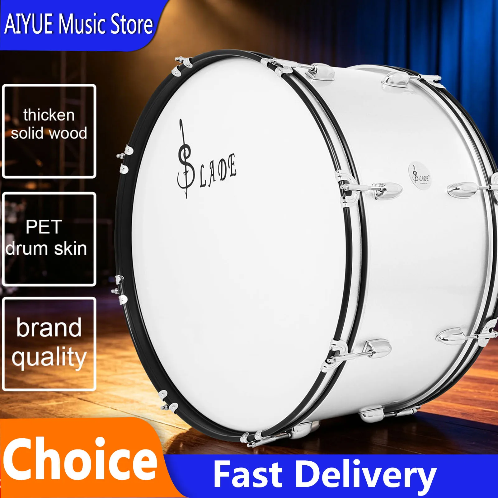 SLADE Marching Bass Drum 24x12 Silver Marching Band Drum Professional Percussion Instruments With Tuning Key Sticks Strap