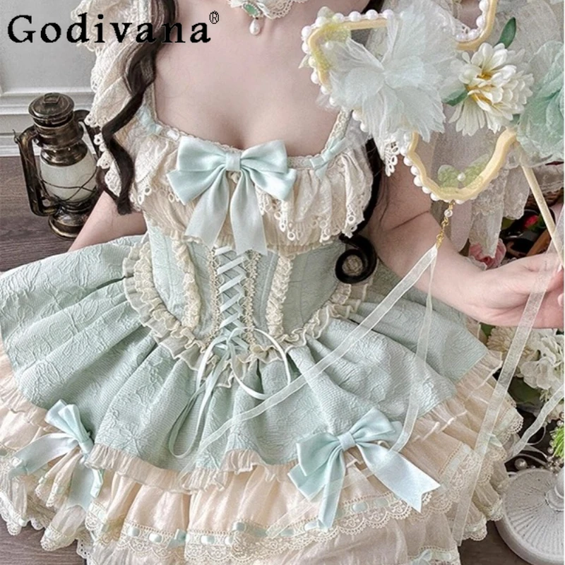 

Green Cute Girl Ballet Style Cake Dress Lolita JSK Sweet Holiday Princess Party Dress Women's Summer Wedding Bow Dress
