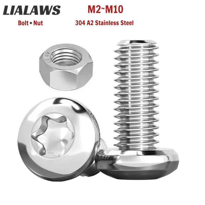 M2 M2.5 M3 M4 M5 M6 M8 M10 304 A2 Edelstahl Torx-Flachkopfschrauben mit Sechskantmutter, diebstahlsichere Sechslappen-Rundkopfschraube