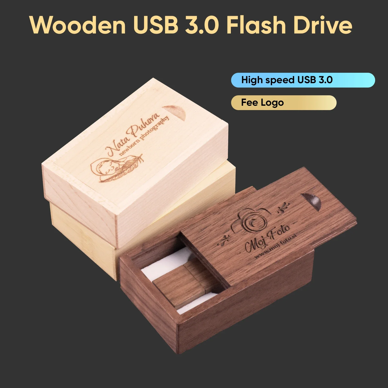 JASTER USB 3.0 로고 맞춤형 나무 USB + 박스, USB 플래시 드라이브, 메모리 스틱, 펜 드라이브, U 디스크, 결혼 선물, 4GB, 8GB, 16GB, 32GB, 64GB