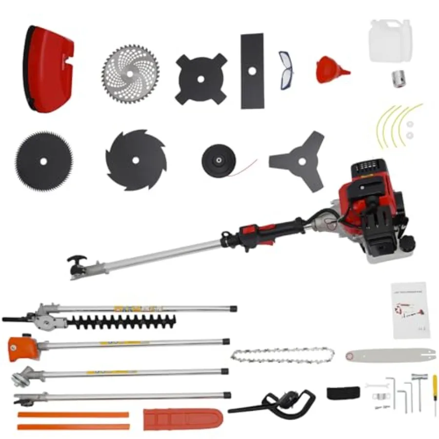 

52cc Gas Powered Weed Trimmer 5 in 1 Handheld Hedge Trimmer with 2-Stroke Air-Cooled Engine for Grass and Bush - Red