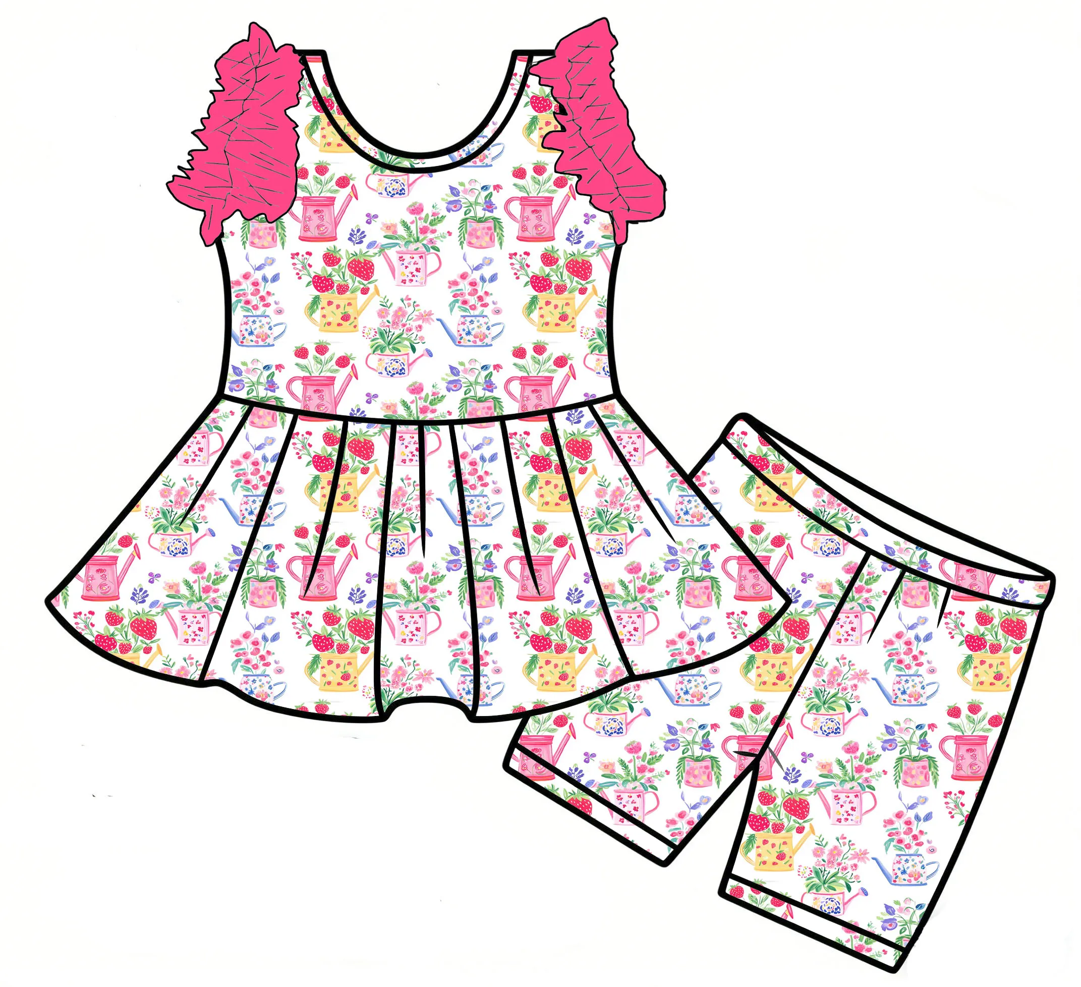 Hot-selling Strawberry Bow and Flower Print Girls' Summer Sleeveless Lace Top and Tight Shorts Boutique Fashion Set