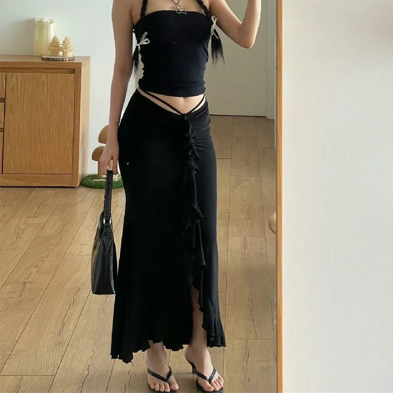 Pure Sexy Low-waist Strappy Chic Ruffled Pleated Knee-length Fishtail Skirt for Hot Girls