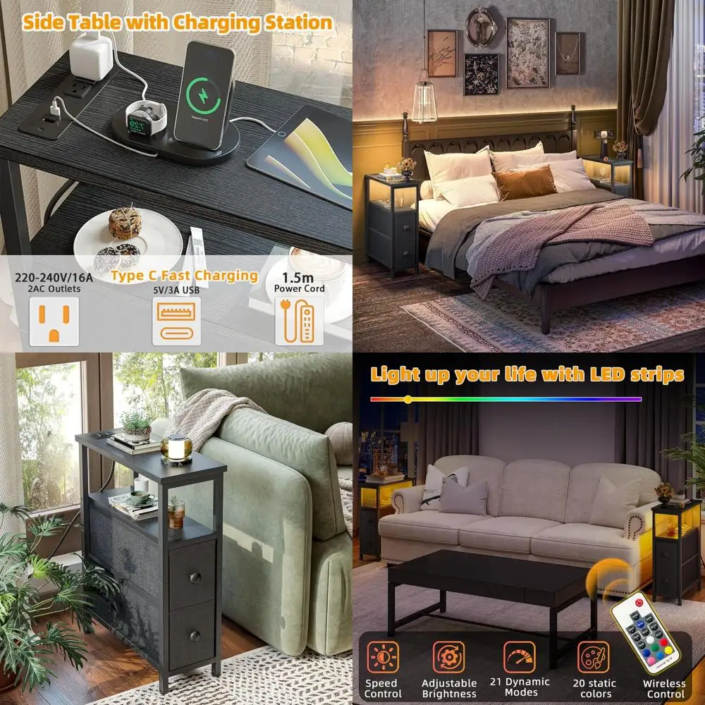 

Black Slim Charging Nightstand with Fabric Drawers for Bedroom and Living Room Small Spaces