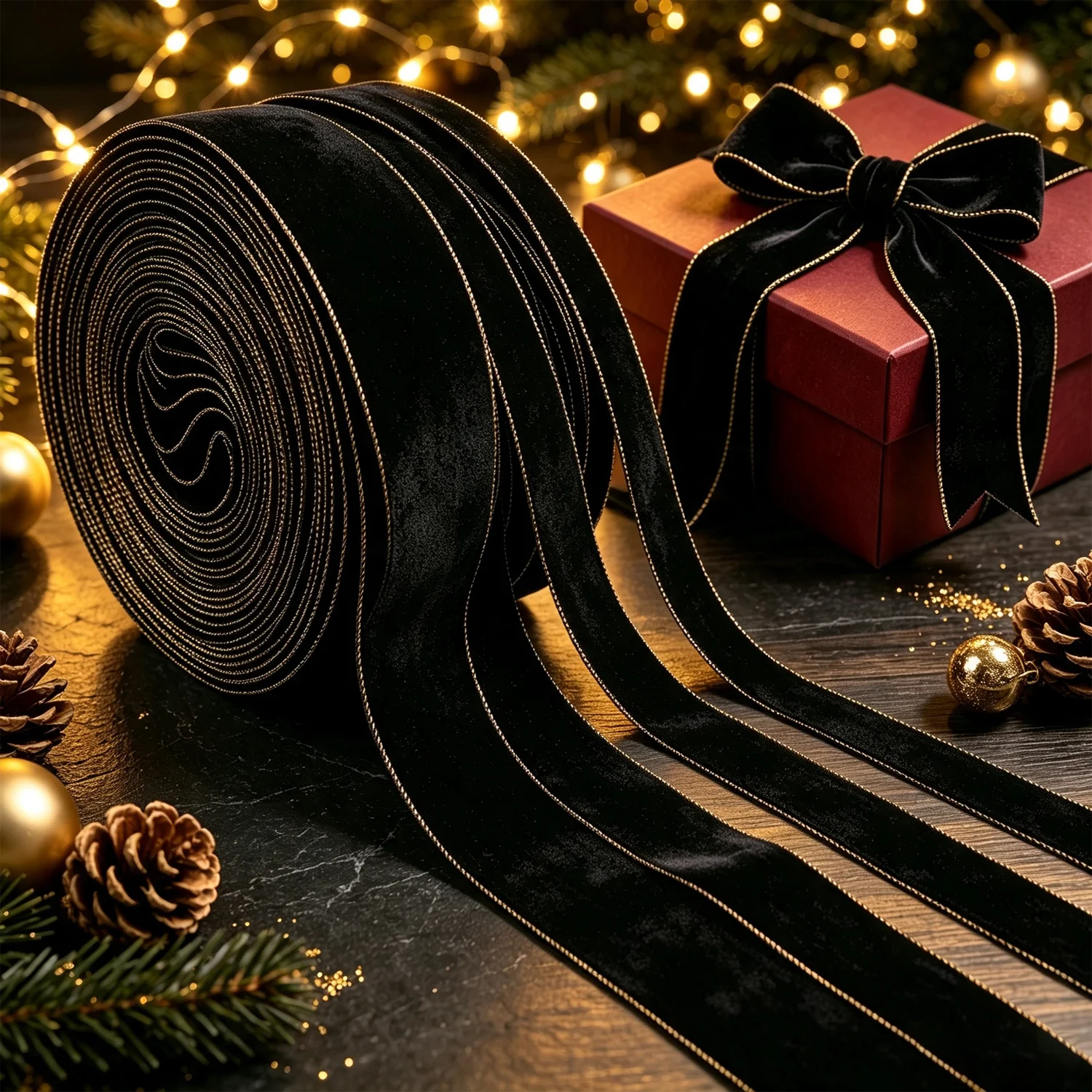 5yards Black Velvet Ribbon With Gold Edge Soft Flocking Ribbon For Xmas Gift Bow Wreath Garland Holiday Wedding Party DIY Craft