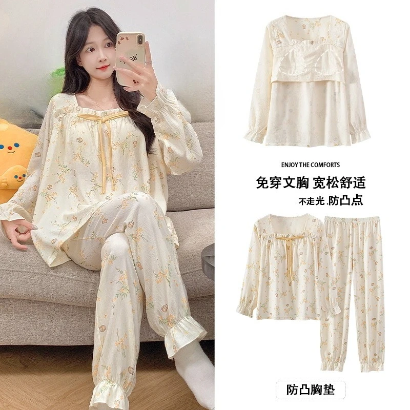 

Japanese Style Cotton Sleepwear for Women Long Sleeves Trouser Homewear Young Girl Princess Style Sweet Pajama Set Mujer Pijamas