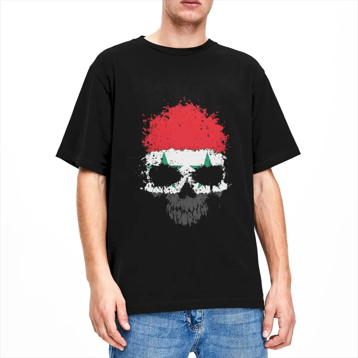 Mens Chaotic Syrian Flag Splatter Skull T-Shirts Cotton Top Tees Summer Funny Short Sleeve T-Shirt O Neck Fashion Printed Tshirt