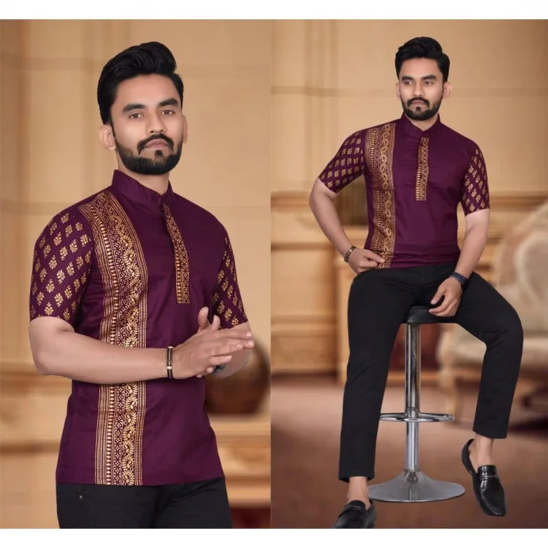 Kurta Men's Muslim Shirt with Embossed Totem Long Straight Casual Shirt African Islam Shirt Men Dubai Men Clothing Arabe Hombre