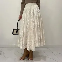 Sheer Lace Skirt Crochet Tulle Midi Skirt Women's Flowy A-line Mesh Skirt Ladies High Street Trendy Outfit
