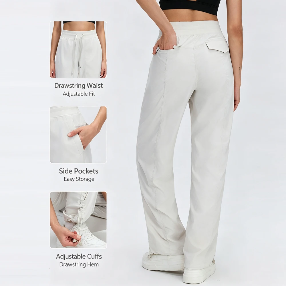 Women's Elastic Sports Casual Pants, Stretch Herringbone Nylon Quick-Dry Long Pants, Drawstring Elastic Waist, Adjustable Cuffs, Straight-Leg, Convertible, Multi-Pocket Outdoor Fitness Pants