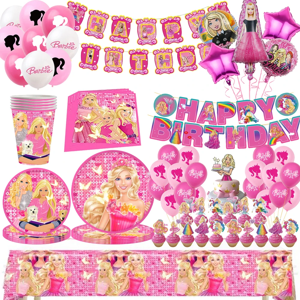 Vaisselle jetable sur le thème de la princesse rose, gobelets en papier, assiettes en papier, nappes, fournitures de décoration pour fête d'anniversaire pour enfants
