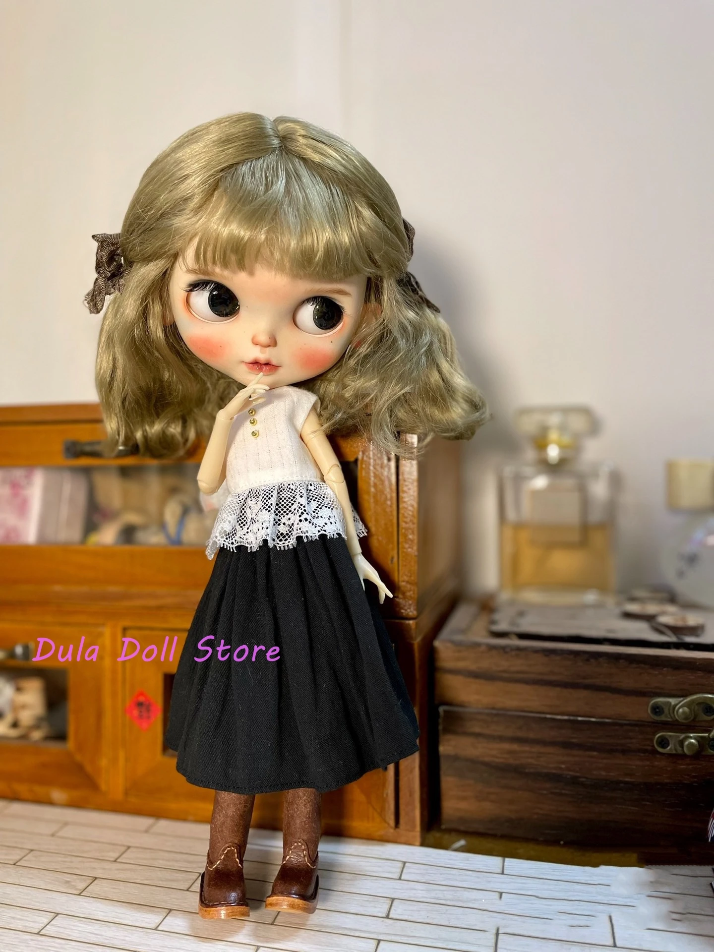 Dula 인형 옷 드레스 버킷 모자 흑백 격자 스커트 Blythe Qbaby ob24 ob22 Azone Licca ICY Bjd